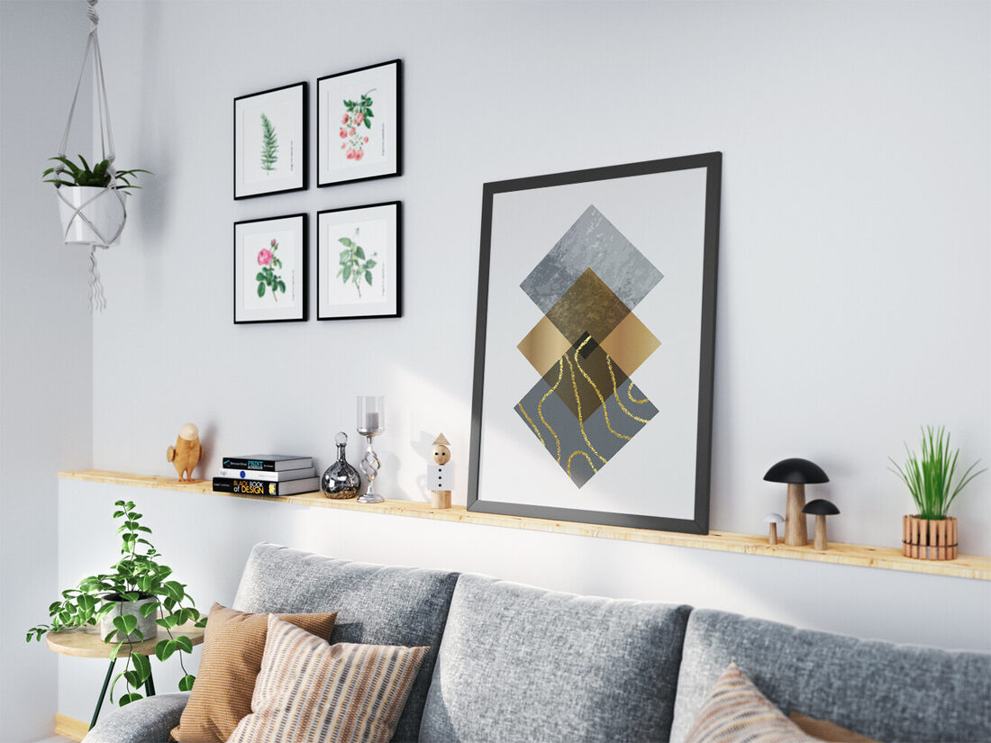 Abstract digital art with stacked, overlapping gray and gold diamond shapes, some textured, some metallic with glittery lines.