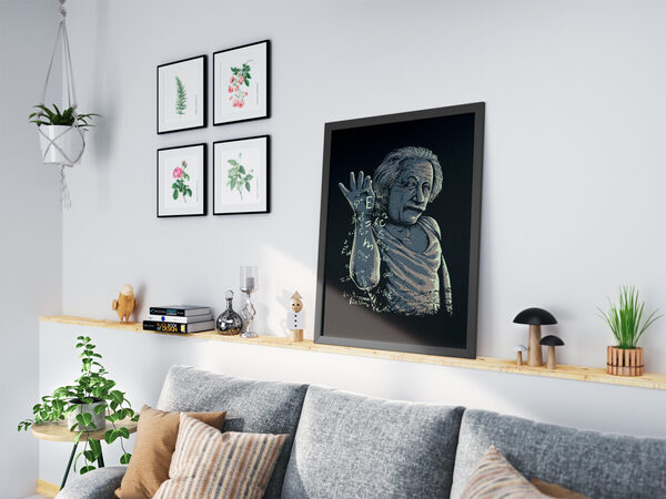 Albert Einstein'ın 'mükemmel' bir el hareketi yaparkenki stilize edilmiş illüstrasyonu, etrafı parlayan matematik ve fizik denklemleriyle çevrili.