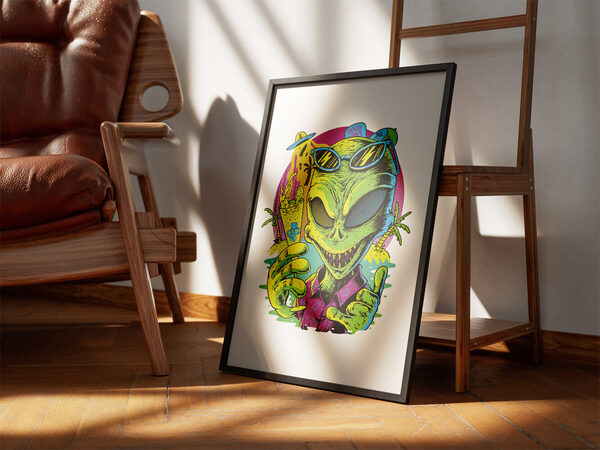 Güneş gözlüğü ve Hawaii gömleği giymiş, tropikal bir içecek tutan ve başparmağını yukarı kaldıran yeşil bir uzaylının canlı pop art illüstrasyonu. Tropikal arka plan.