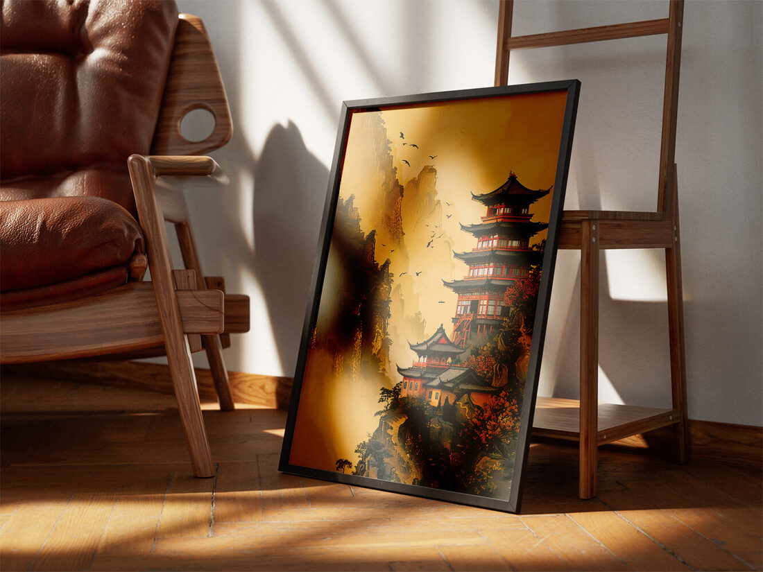 Digital painting of a multi-tiered red and black pagoda and temples on a misty mountain with birds in flight.