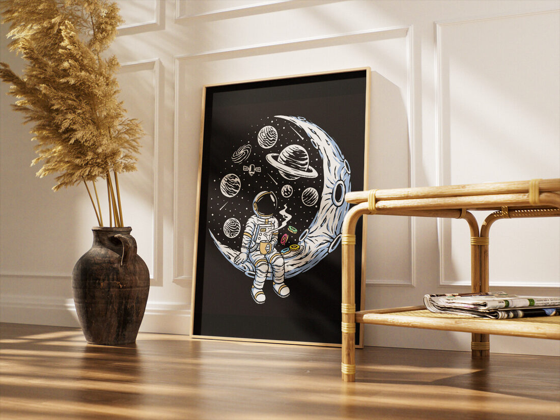 Cartoon illustration of an astronaut sitting on a crescent moon, drinking coffee with donuts floating nearby, surrounded by planets and stars.