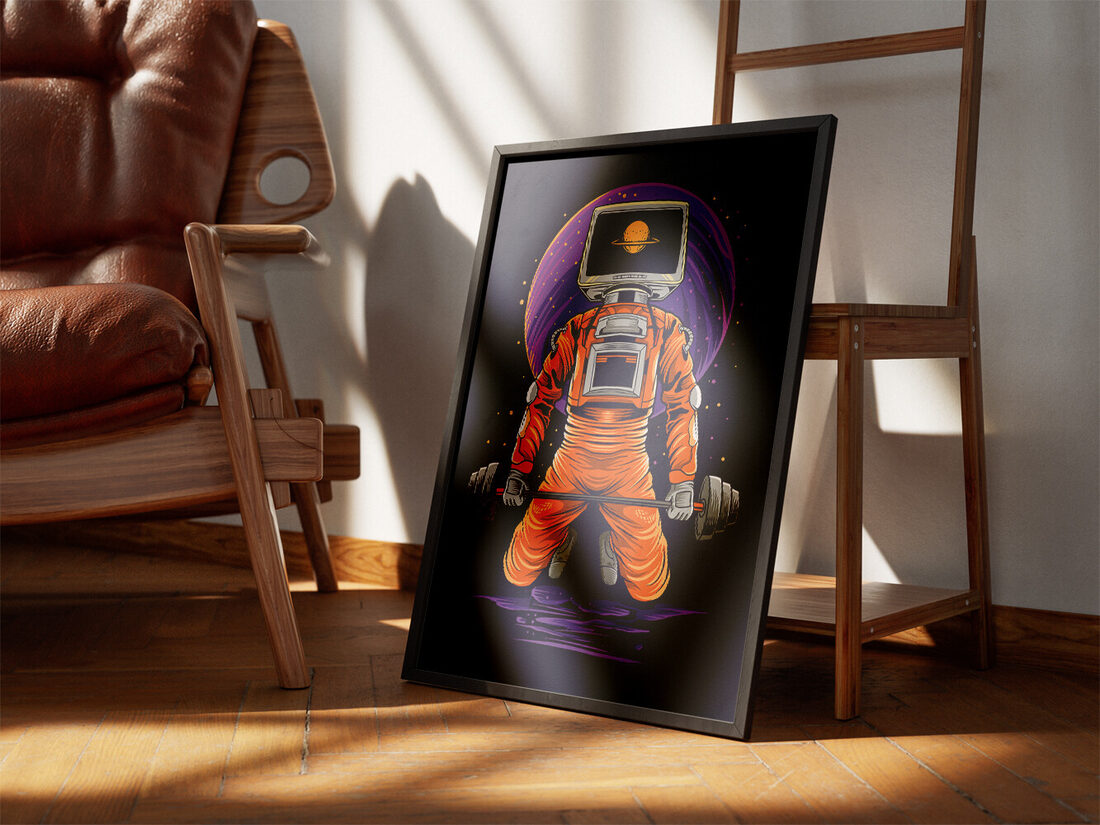 Digital art of an astronaut with a computer monitor head squatting, lifting a barbell in space with a purple planet.