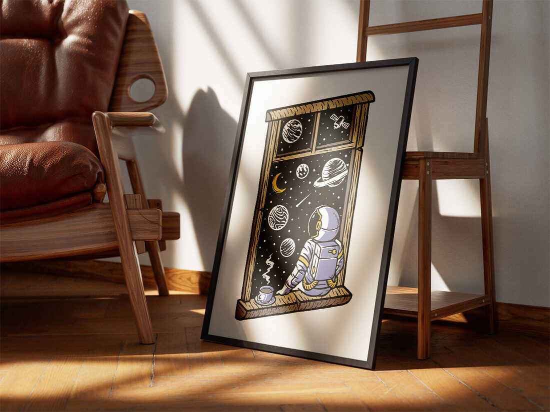 Digital illustration of an astronaut in a window frame, looking out at a starry space with planets, moon, and satellite.
