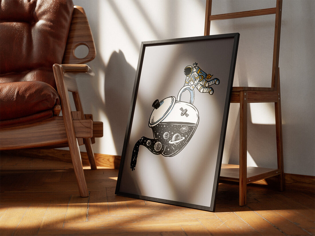 Digital illustration of an astronaut floating on a white teapot filled with and pouring out the starry universe and planets.