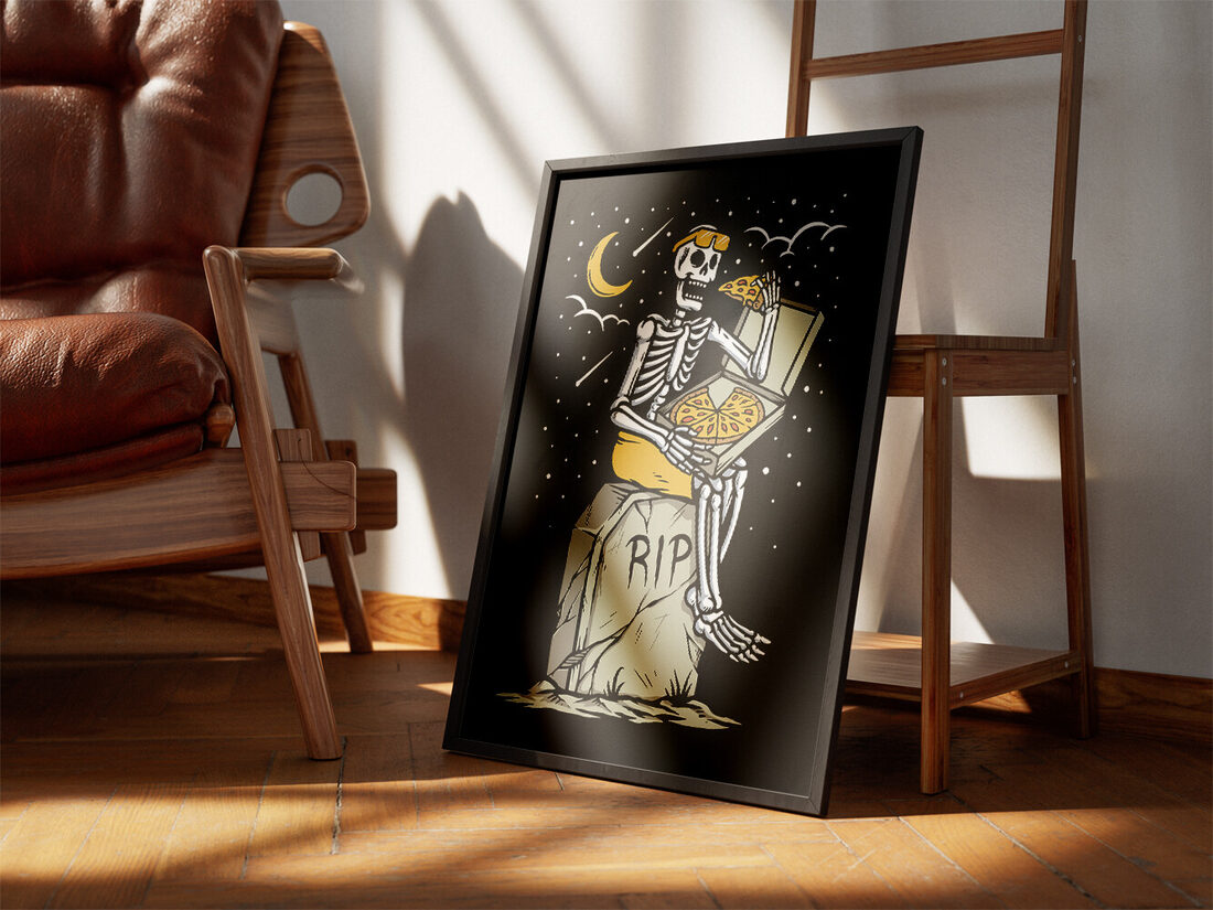 A cartoon illustration of a skeleton wearing yellow sunglasses, sitting on a tombstone and eating pizza under a starry night sky with a crescent moon.