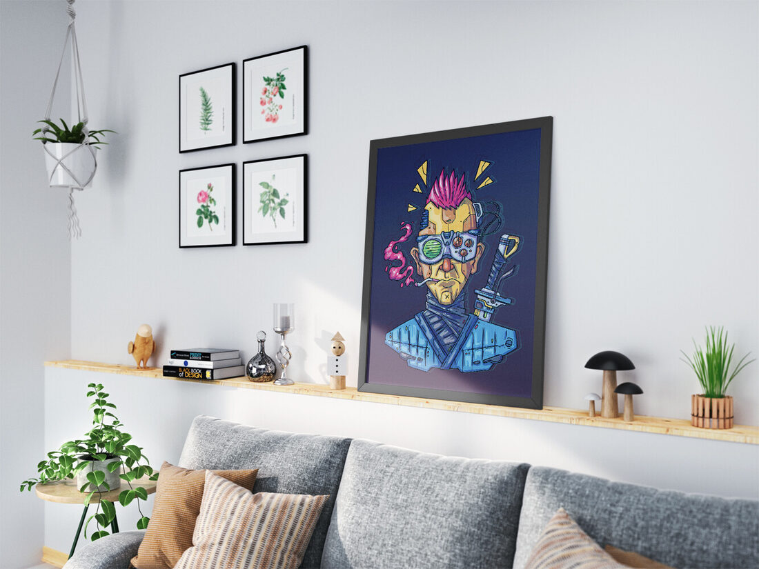 Pembe mohawk saçlı, fütüristik gözlük takan, siber implantları olan ve sigara içen bir siberpunk karakterin dijital illüstrasyonu.