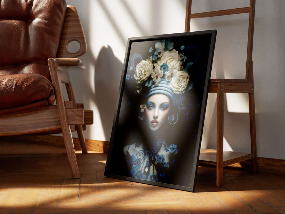 A hyperrealistic digital portrait of a woman with a blue turban, white and blue floral headpiece, and intricate blue body art on a black background.