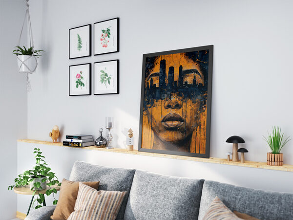 Altın sarısı ve siyah renklerin kullanıldığı, karanlık bir şehir manzarasıyla birleşmiş bir insan yüzünü betimleyen canlı, dışavurumcu bir tablo.