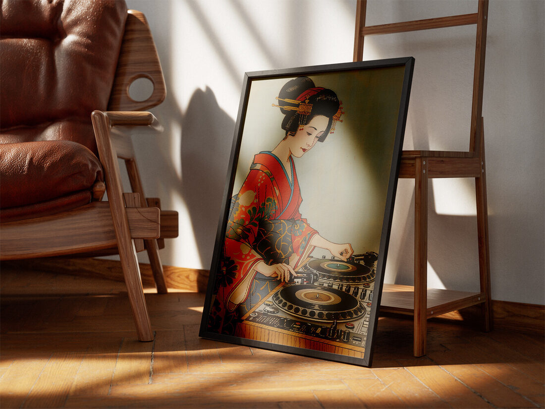 Digital illustration of a Japanese woman in a red kimono with traditional hair, operating DJ turntables.