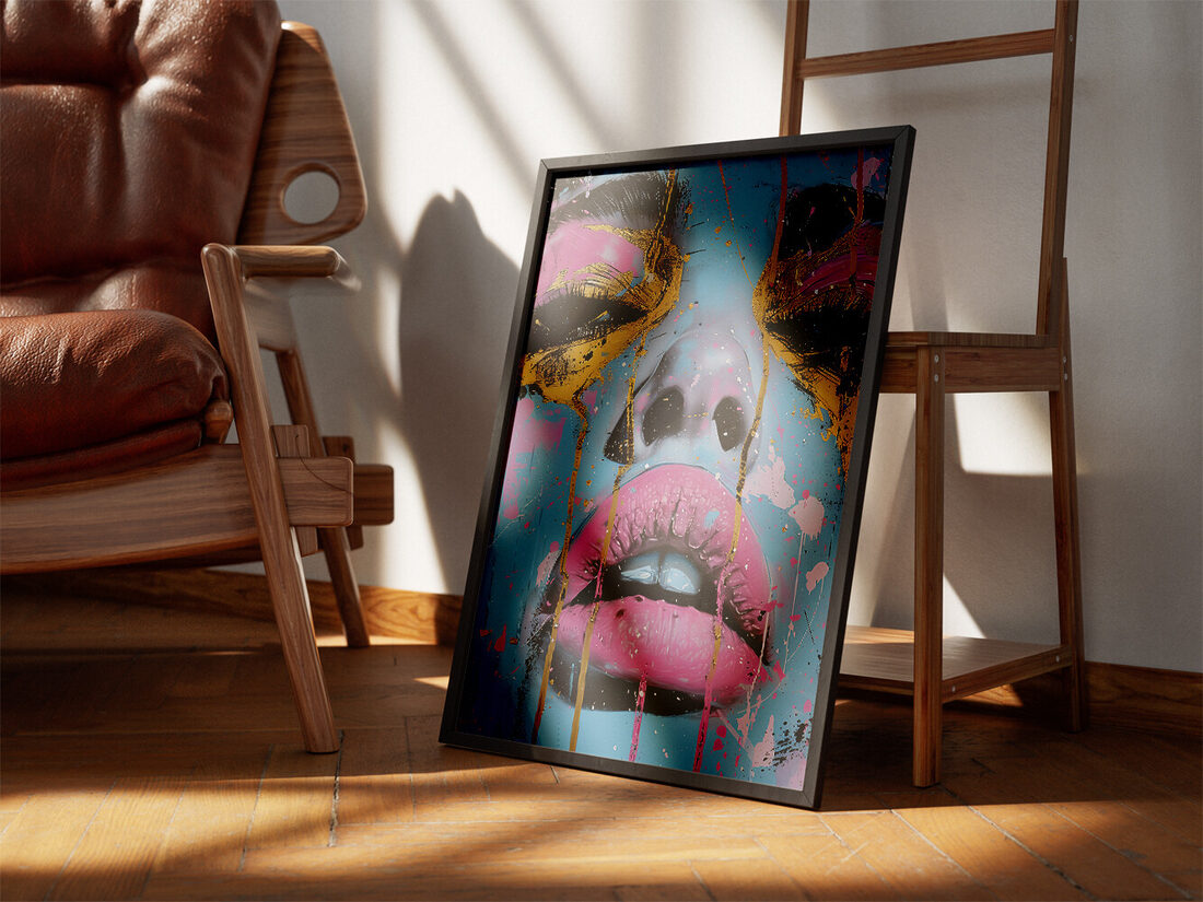 Pembe göz farı, dramatik kirpikler, pembe dudaklar ve altın rengi gözyaşı izleriyle bezenmiş bir kadının yüzünün yakın plan pop art tablosu.