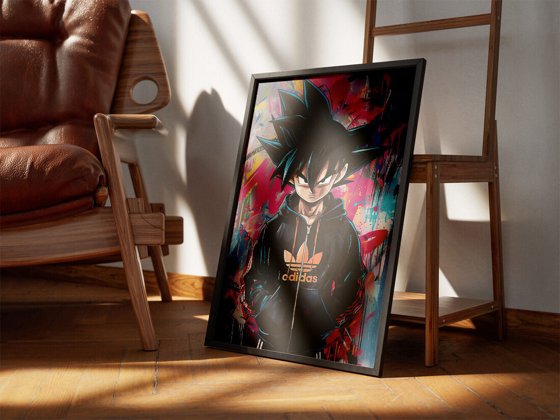 Dragon Ball Z'den Goku'nun, canlı pembe ve mavi grafiti arka planı önünde siyah Adidas kapüşonlu sweatshirt giymiş halinin dijital illüstrasyonu.