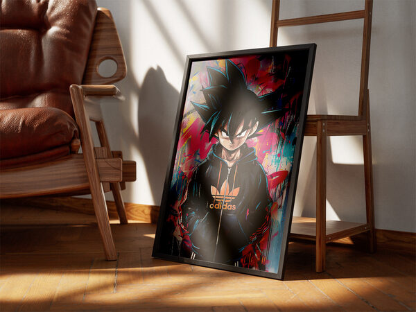 Dragon Ball Z'den Goku'nun, canlı pembe ve mavi grafiti arka planı önünde siyah Adidas kapüşonlu sweatshirt giymiş halinin dijital illüstrasyonu.