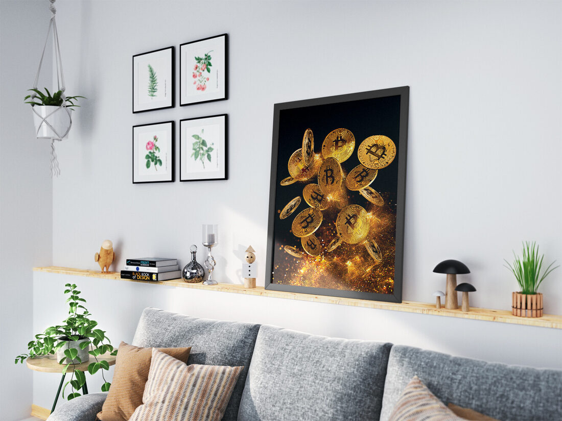 Koyu bir arka plan üzerinde, altın rengi parıltılar ve bokeh efektleriyle bezenmiş, çok sayıda altın Bitcoin madeni parası düşüyor.