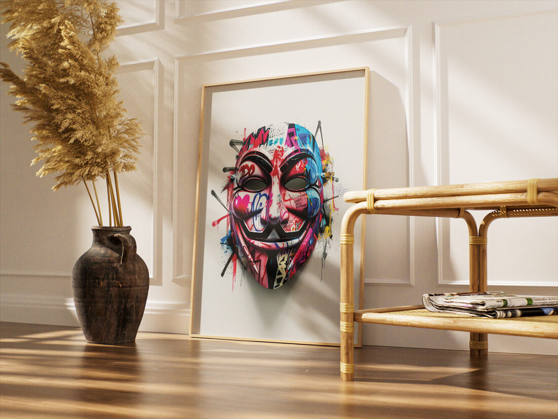 A vibrant Anonymous mask covered in colorful graffiti, spray paint drips, and bold tags, rendered in an urban street art style against a clean white b