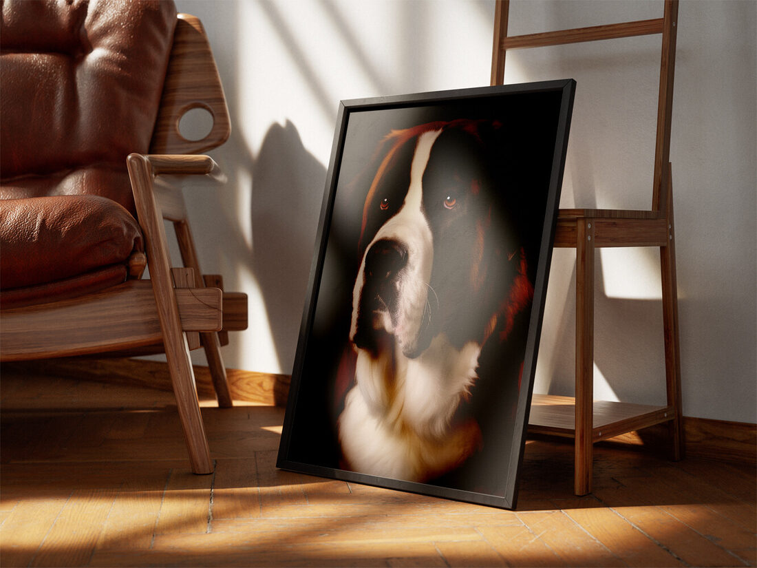 Close-up realistic portrait of a Saint Bernard dog with brown, white, and black fur, and warm amber eyes.