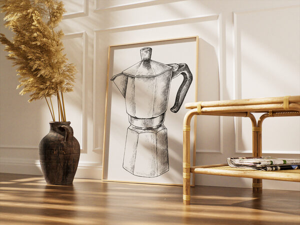 Sekizgen tabanlı ve kavisli saplı bir Moka pot espresso makinesinin siyah beyaz çizimi.