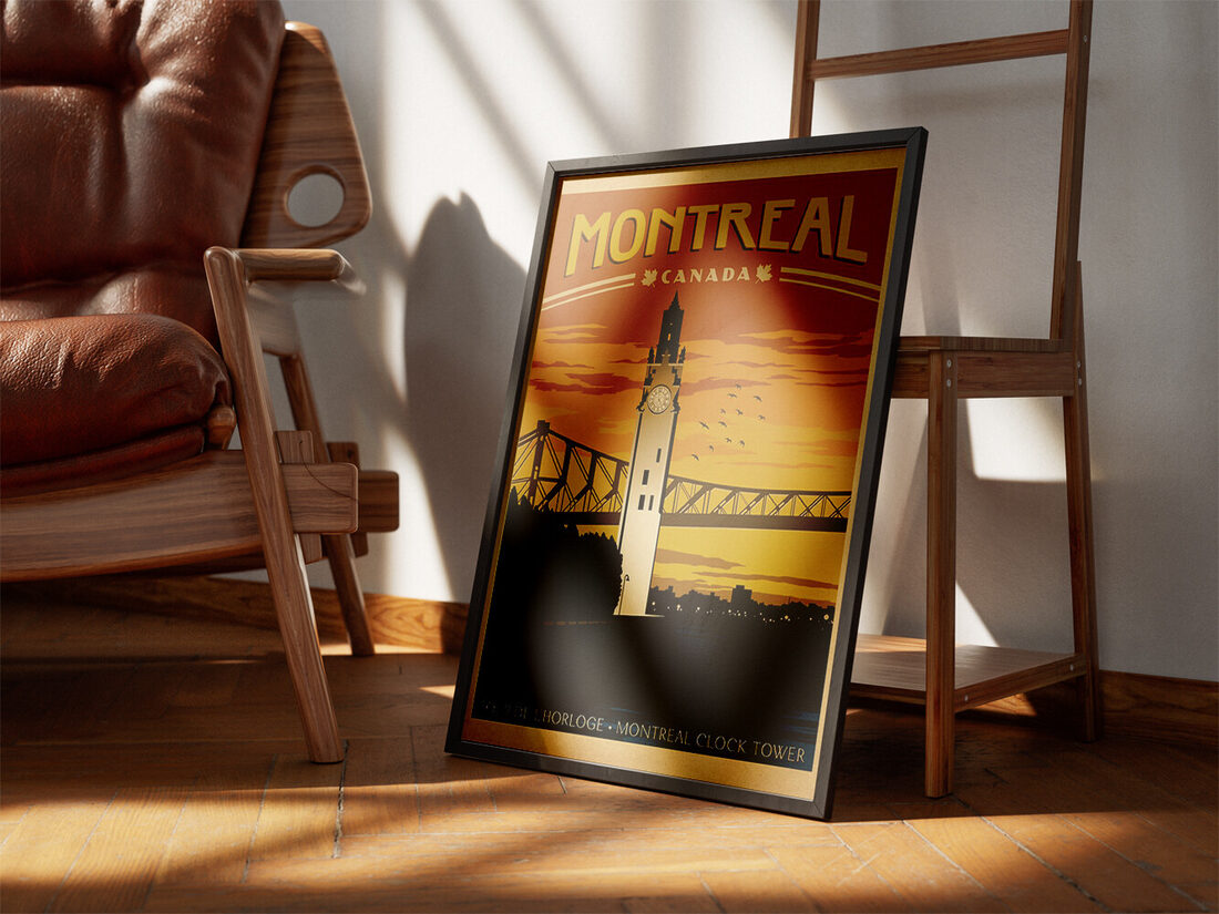 Montreal Saat Kulesi ve Jacques Cartier Köprüsü'nün gün batımında, turuncu gökyüzü ve koyu silüetlerle çekilmiş eski bir seyahat posteri.