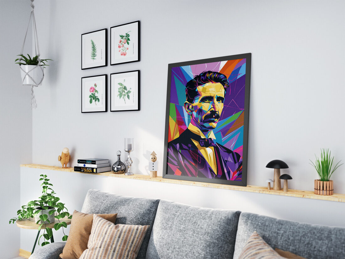 Vibrant geometric pop art portrait of Nikola Tesla with a mustache, composed of colorful, sharp-edged polygons.