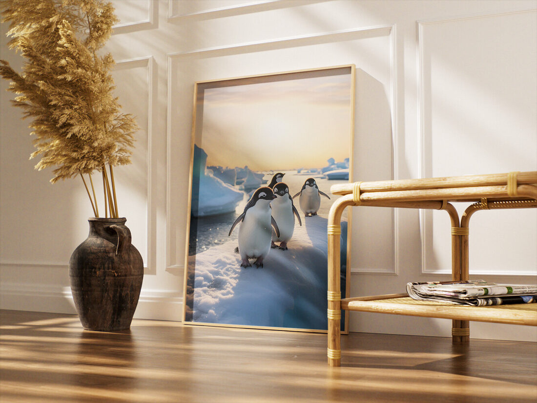 Four Adelie penguins stand on an ice floe in Antarctica with a vibrant golden hour sky and icebergs.