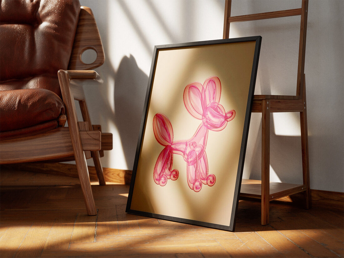 A vibrant translucent pink balloon animal sculpture, resembling a dog or mouse, against a soft beige background.