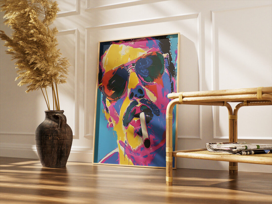 Canlı sarı, pembe, mavi ve turuncu renklerle yapılmış, pilot gözlüğü, bıyık ve sigara içen bir adamın pop art tarzındaki portresi.