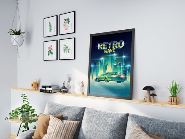 Neon mavisi bir şehir manzarası içinde, parlayan binaların arasında yeşil retro-fütüristik bir arabanın ve 'RETRO WAVE' yazısının dijital illüstrasyonu.
