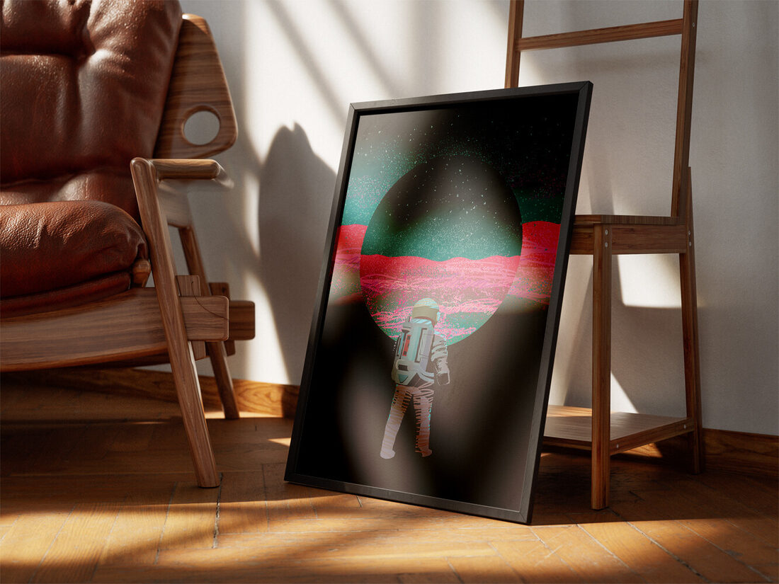 Digital illustration of an astronaut viewing a vibrant pink and teal alien landscape through a dark circular frame.