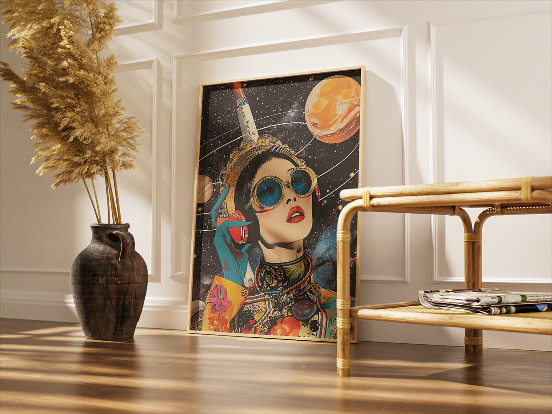 Uzayda gezegenler ve bir roketin yanında kulaklık ve retro güneş gözlüğü takmış göz alıcı bir kadının stilize edilmiş pop art kolajı.