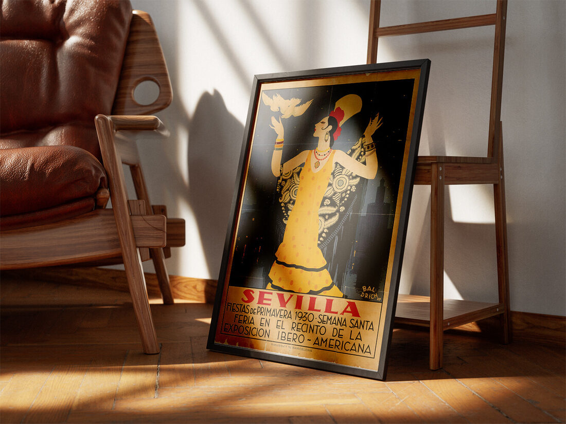 Sarı elbiseli zarif flamenko dansçısının, güvercinlerin, Sevilla silüetinin ve yıldızlı gece gökyüzünün yer aldığı Art Deco tarzı poster.