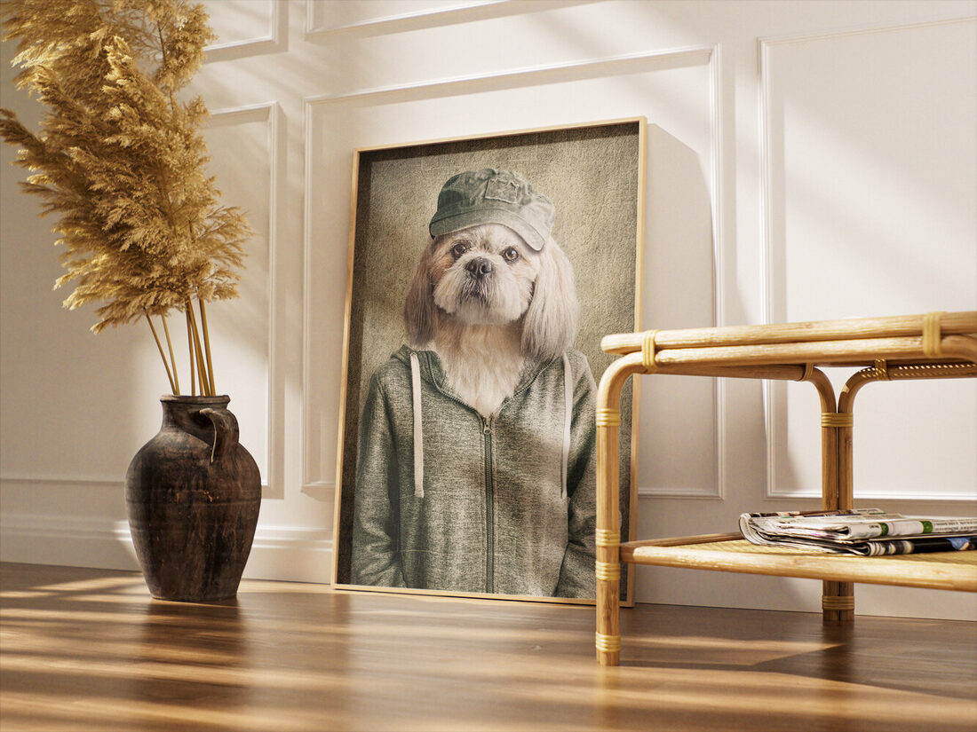 Dokulu bir arka plan önünde, yeşil askeri tarzda bir şapka ve gri-yeşil fermuarlı bir kapüşonlu giyen, ciddi bir ifadeye sahip bir Shih Tzu köpeğinin başı.