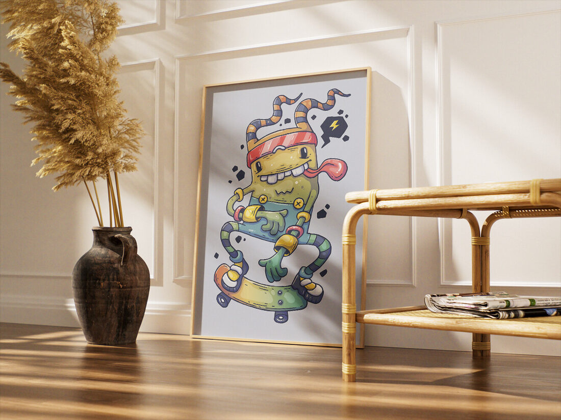 Playful green cartoon monster with buck teeth, red headband, and striped limbs skateboarding, with a lightning bolt speech bubble.