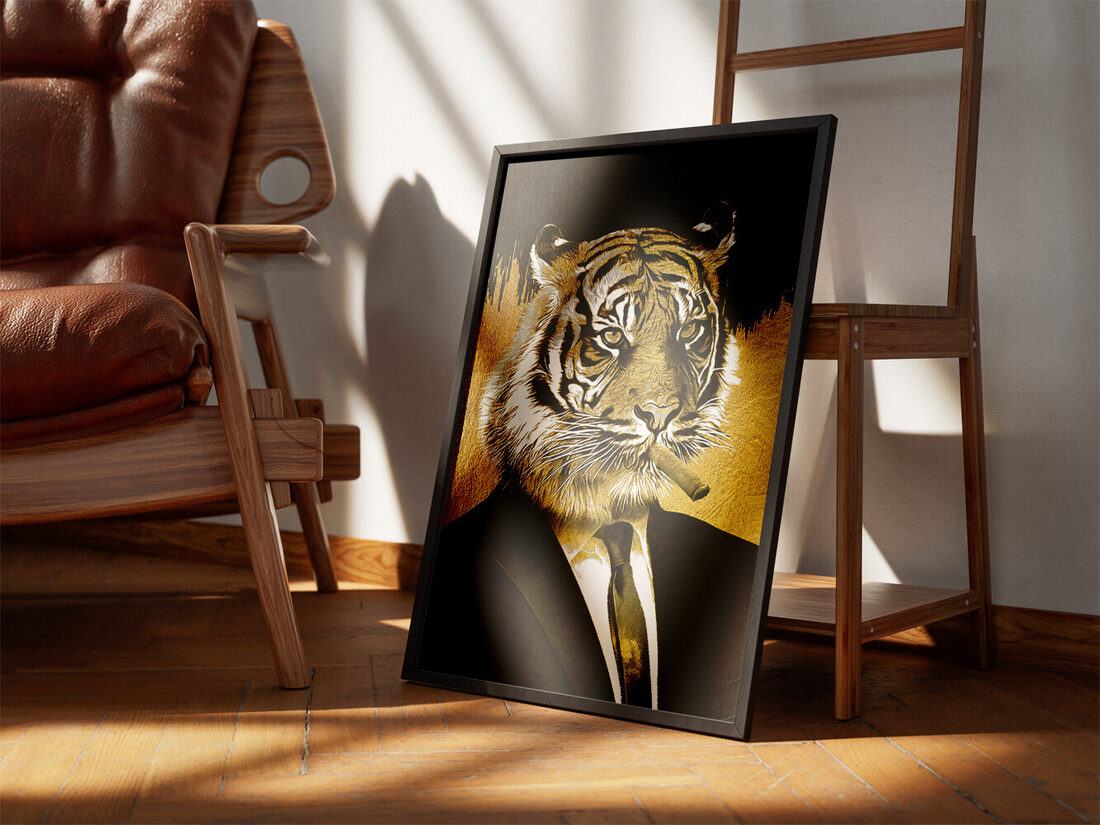 Digital art of a tiger in a black suit and tie, smoking a cigar, against a black and gold textured background.