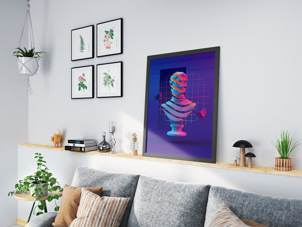 Koyu mor bir ızgara zemin üzerinde küre ve küp figürleriyle birlikte neon pembe, mavi ve turuncu renklerde parçalanmış klasik bir büstün dijital sanat eseri.