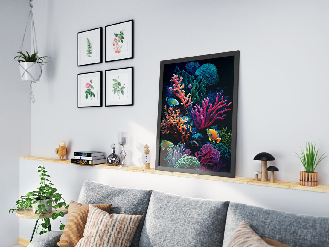 Vibrant digital artwork of a deep-sea coral reef featuring glowing orange, pink, blue, and green corals with colorful tropical fish.