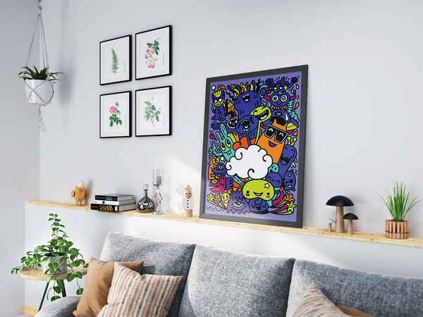 Neşeli, renkli çizgi film canavarları ve yaratıklarının yer aldığı, canlı ve tam çerçeveli bir doodle sanat illüstrasyonu.