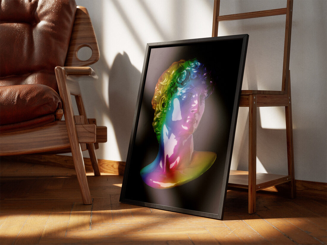 A glossy bust of Michelangelo's David rendered in a vibrant rainbow gradient, set against a dark purple background.