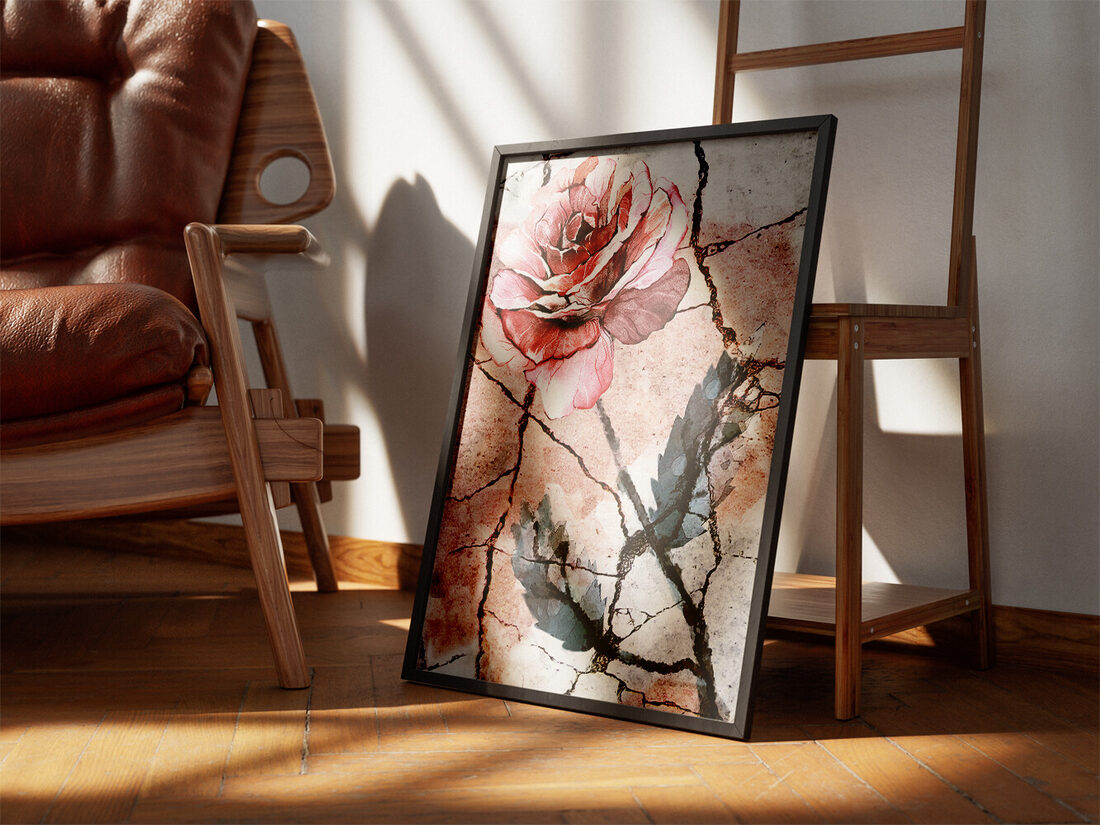 A vibrant pink and red rose with green leaves digitally painted against a heavily cracked, distressed background.