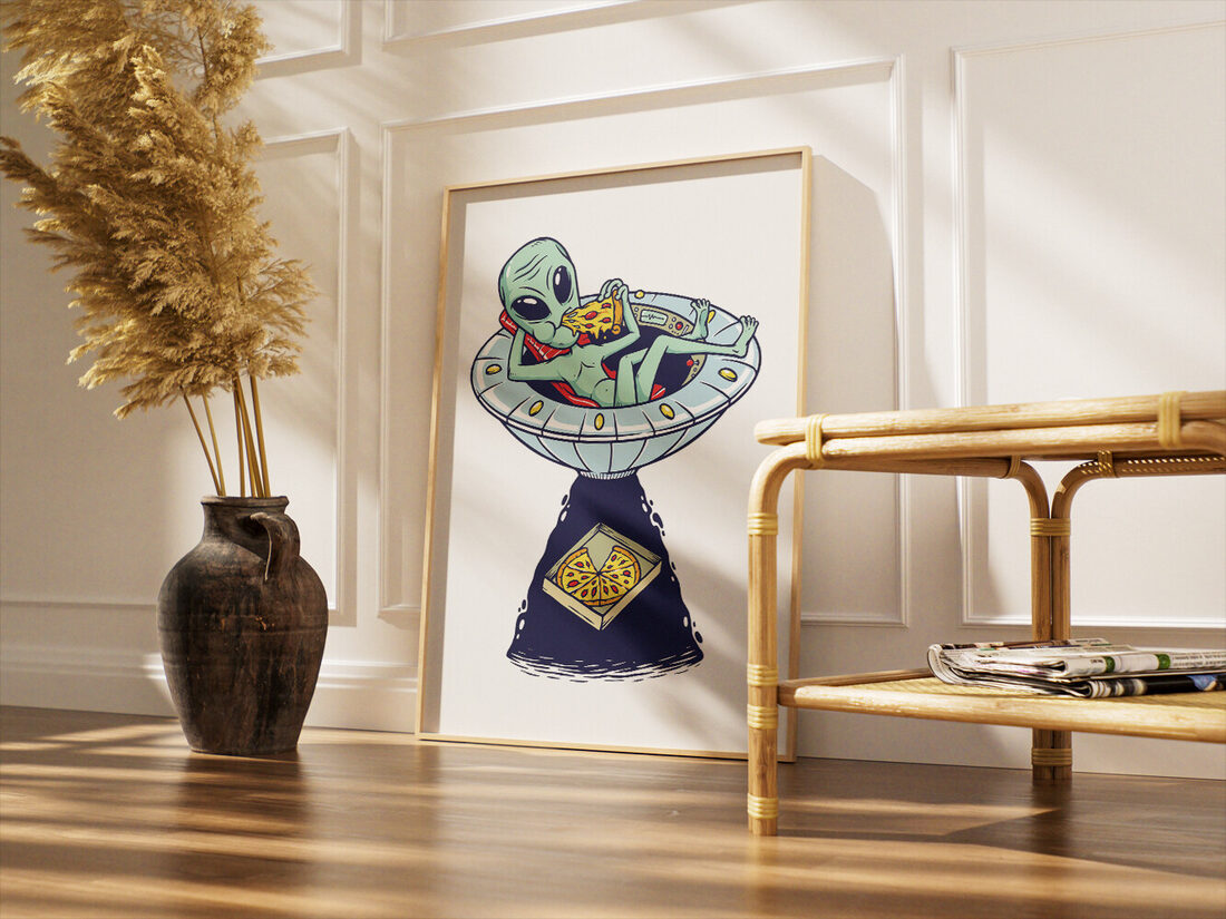 UFO'nun içinde pizza dilimi yiyen yeşil bir uzaylıyı ve aşağıda bir ışın demetinin pizza kutusunu kaçırdığını gösteren karikatür illüstrasyon.